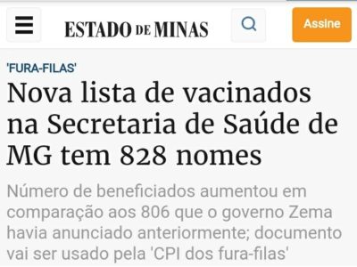 Estado de Minas – Nova lista de vacinados na Secretaria de Saúde de MG tem 828 nomes