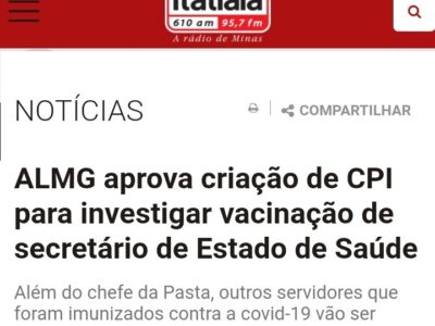 ITATIAIA – ALMG aprova criação de CPI para investigar vacinação de secretário de Estado de Saúde