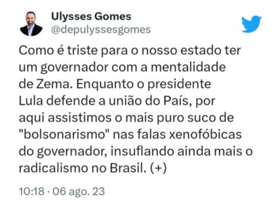 Deputado Ulysses repudia falas preconceituosas de Zema